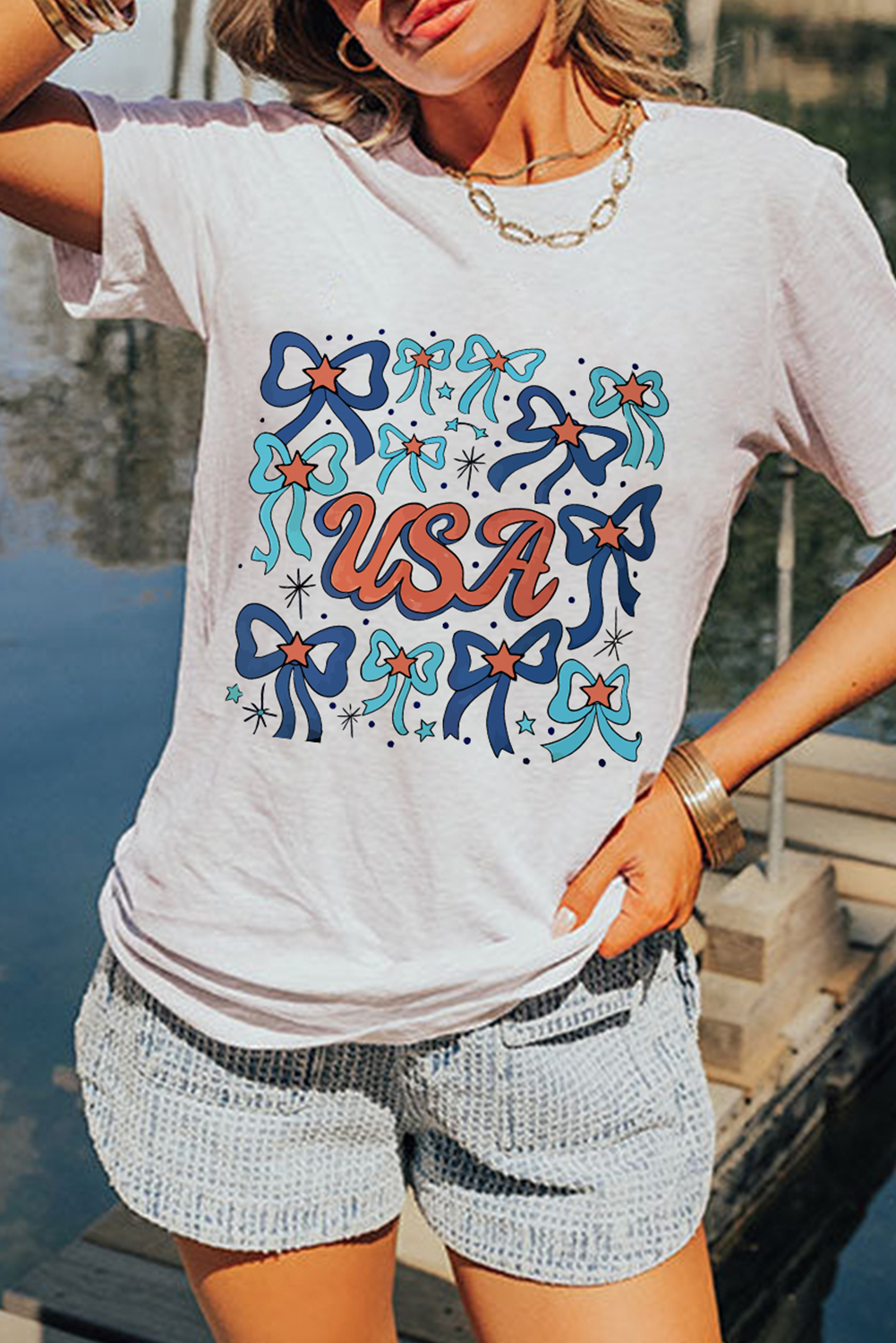 Women's White USA Bowknot Graphic Tee - Casual Independence Day Shirt - Detail View 5