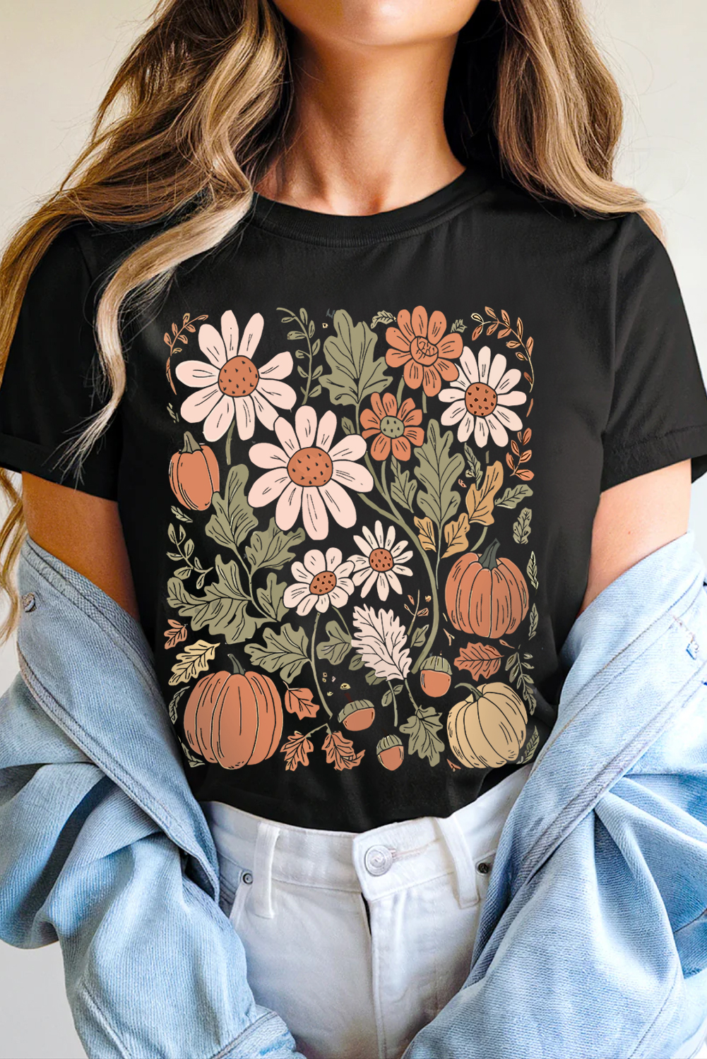Women's T-Shirt, Black Graphic Tee, Wild Flower Print, Pumpkin Design, Fall Fashion, Thanksgiving Shirt, Casual Style, Lightweight Fabric, Comfortable Wear, Daily Use, Short Sleeve, Round Neck, Floral Pattern, Everyday Tops, Trendy Shirt - Detail View 8