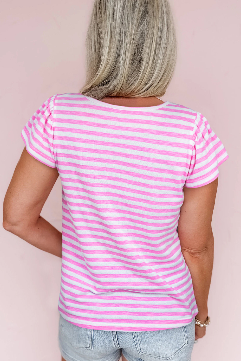 Stylish Women's Striped Short Sleeve Top - V Neck with Ruffle Details - Detail View 3