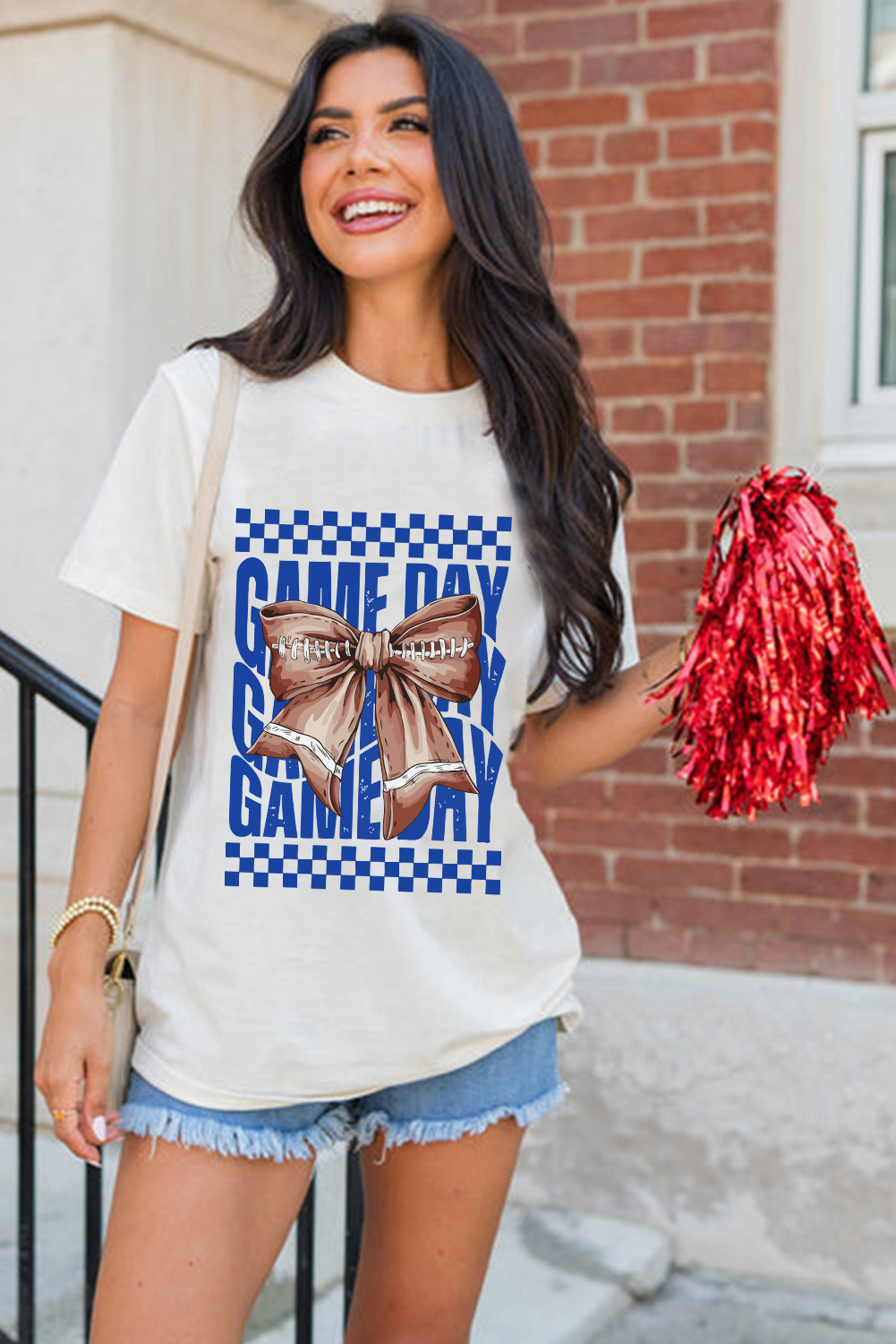 Women's White GAME DAY Graphic Tee with Rugby Bowknot - Casual Summer Shirt - Detail View 5