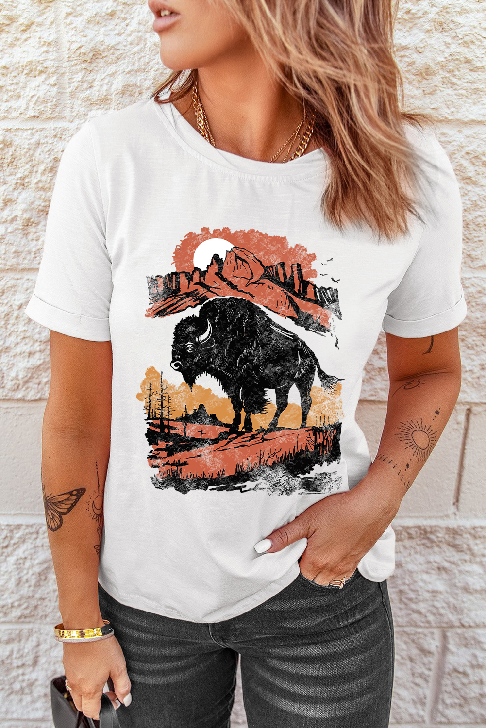 Women's White Western Buffalo on Plains Graphic Crew Neck Tee - Detail View 9