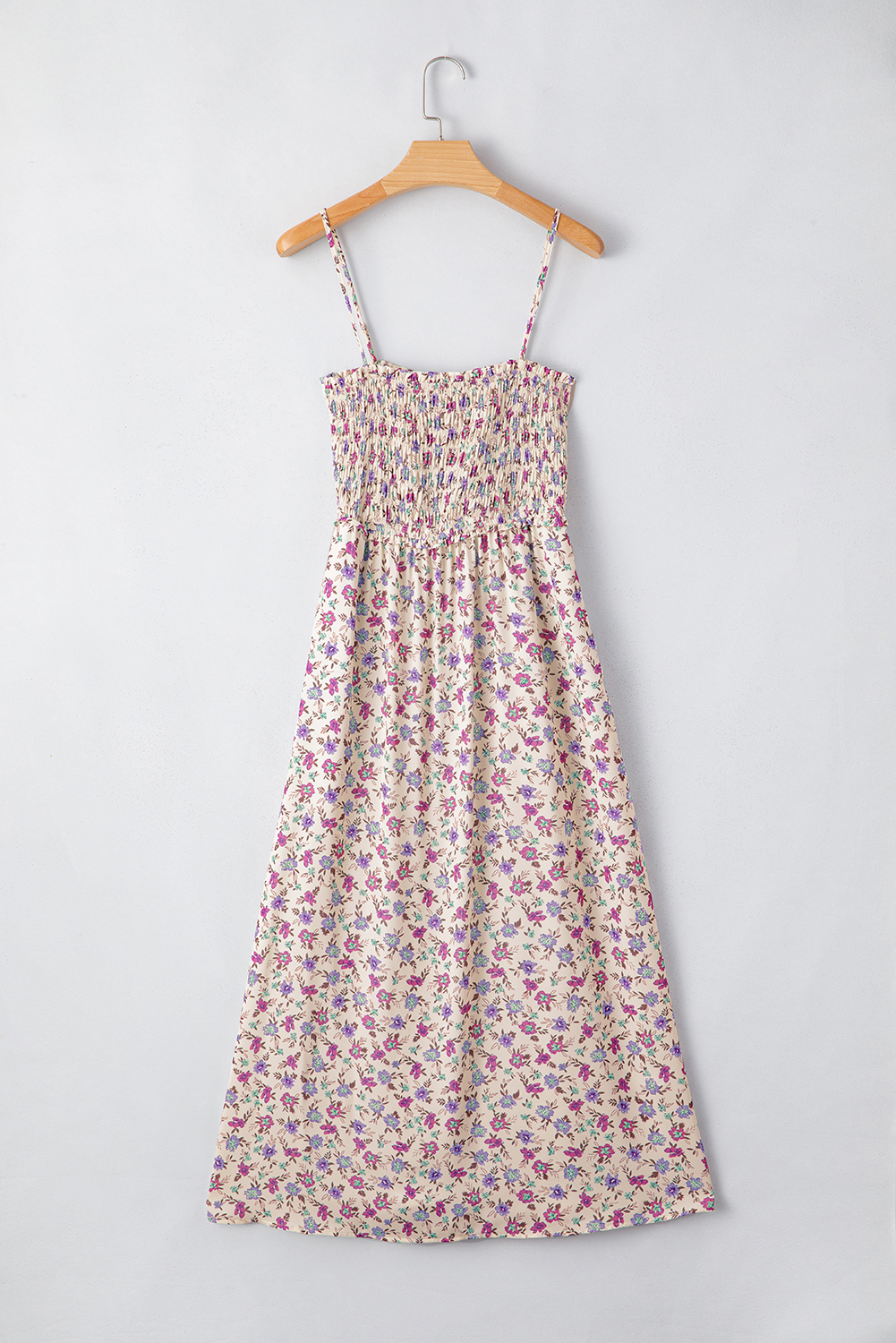 Chic A-Line Midi Dress with Smocked Bodice and Floral Pattern - Perfect for Parties & Vacations - Detail View 6