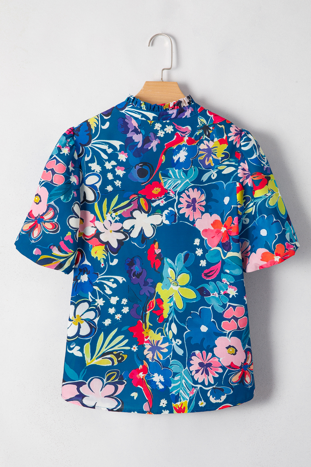 Women's Blue Floral Print V Neck Collared Puff Short Sleeve Blouse - Detail View 13