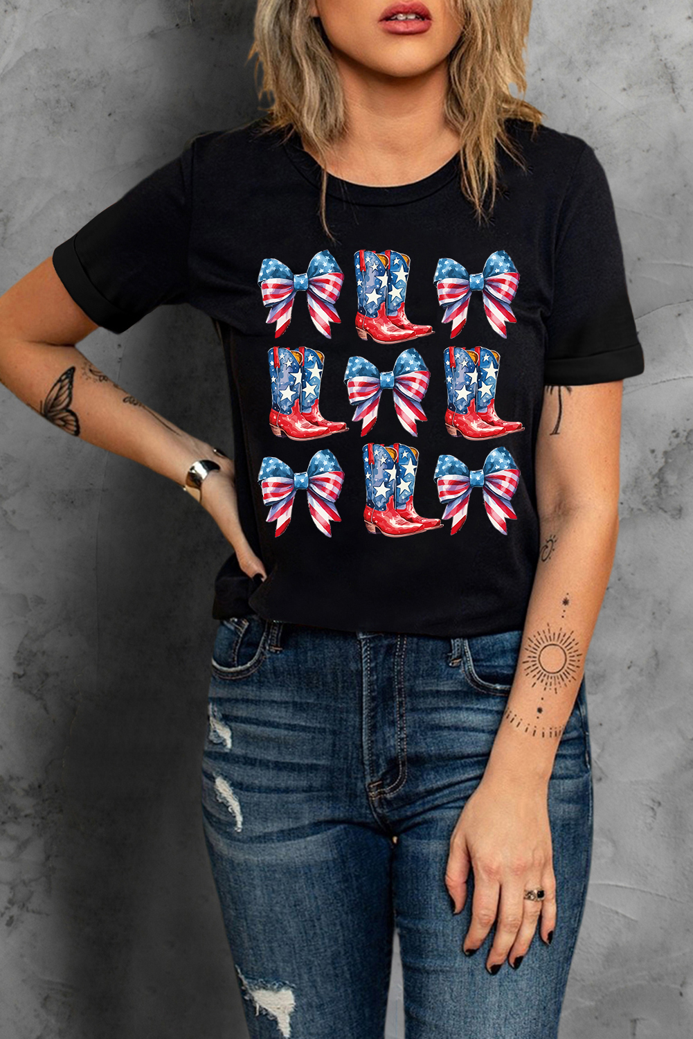 Women's Black Stars and Stripes Cowgirl Boots Graphic Tee - Patriotic Bowknot Design - Detail View 9