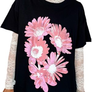 Women's Black and Pink Daisy Flower Printed Cotton Blend T-Shirt - Main View