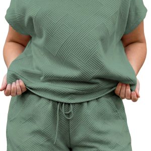 Women's Plus Size Textured Two Piece Set – Short Sleeve Top and Drawstring Shorts, Mineral Blue - Main View