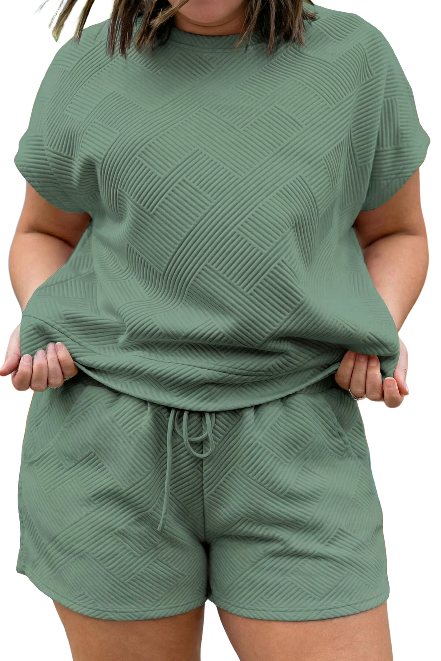 Women's Plus Size Textured Two Piece Set – Short Sleeve Top and Drawstring Shorts, Mineral Blue - Main View