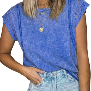 Women's Sky Blue Mineral Wash Cotton Tee – Lace Short Sleeve Casual Round Neck Top - Main View