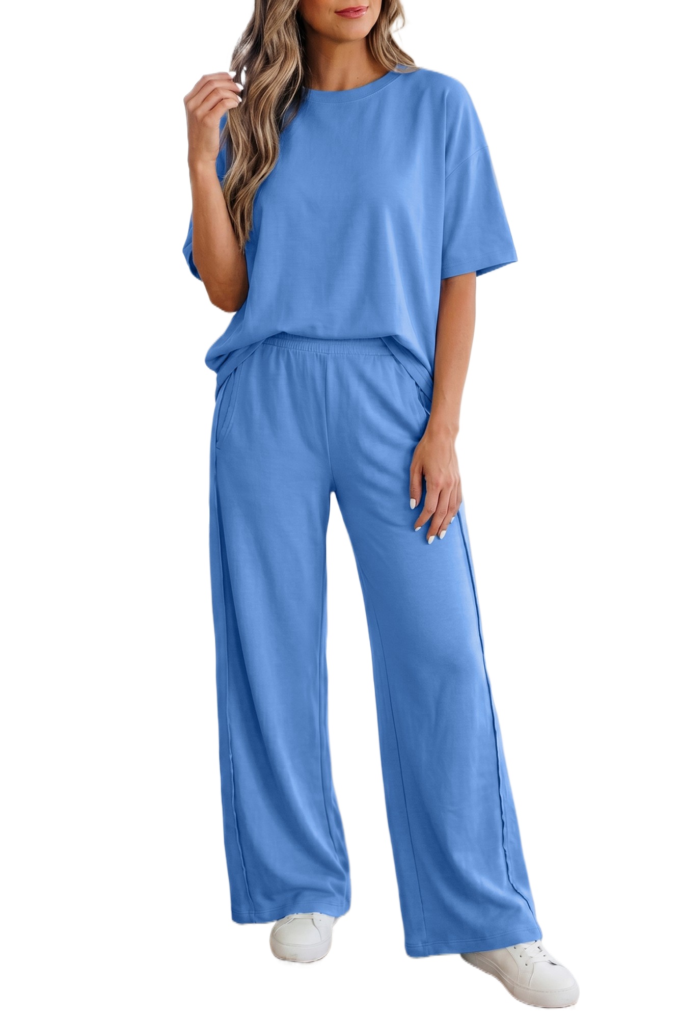 Women's 2-Piece Lounge Set – Oversized Short Sleeve Tee and High Waist Wide Leg Pants with Pockets - Main View