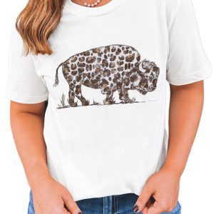 Women's White Leopard Western Buffalo Graphic Tee - Casual Short Sleeve T-Shirt - Main View