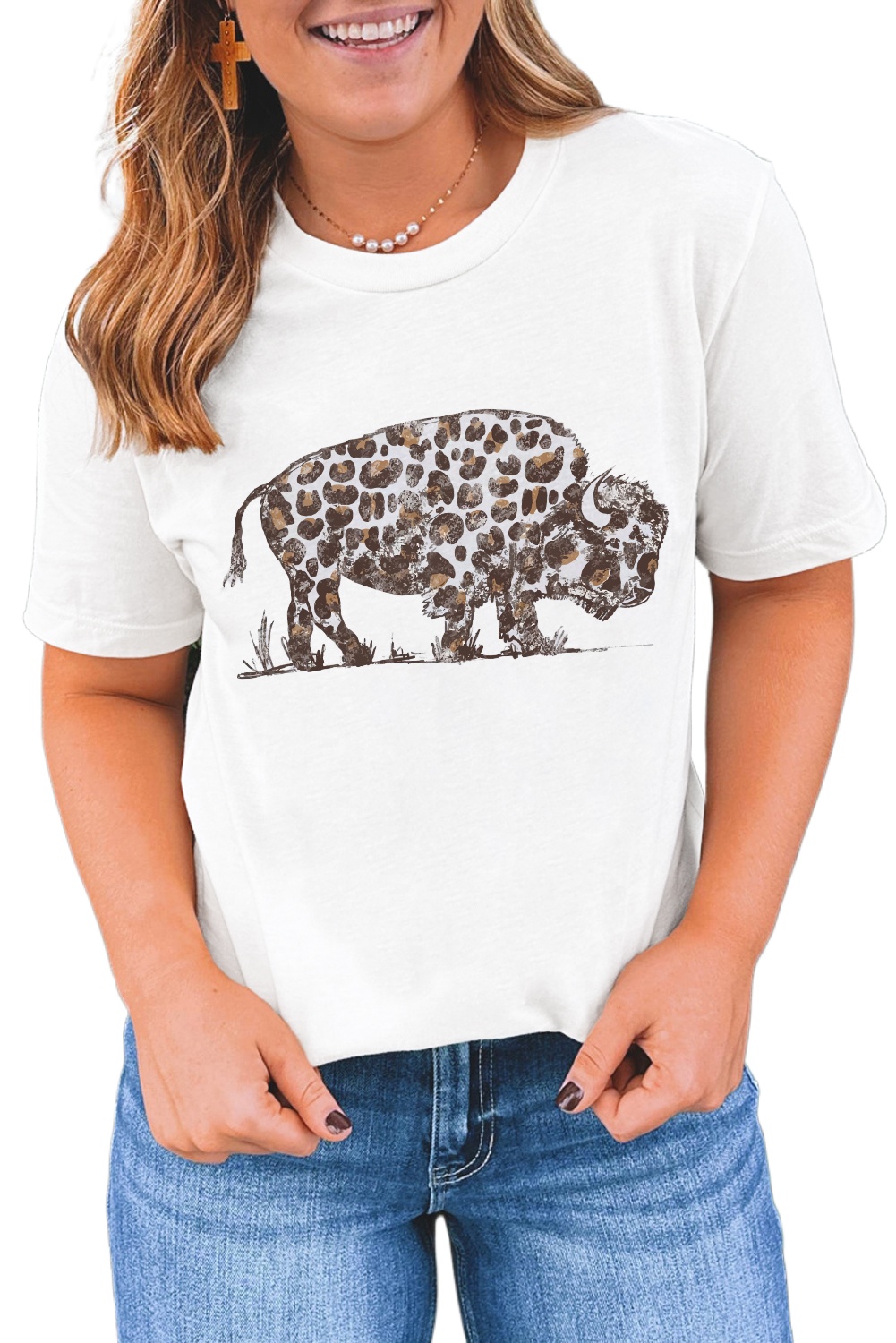 Women's White Leopard Western Buffalo Graphic Tee - Casual Short Sleeve T-Shirt - Main View