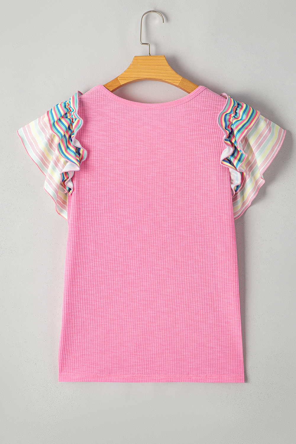 Women's Top, Independence Day, Bowknot Graphic, Ruffled Sleeves, Ribbed Fabric, Casual Style, Summer Wear, Pink Color, Trendy Tee, Flattering Fit, Daily Wear, Graphic Tees, Round Neck, Comfortable - Detail View 8