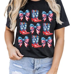 Women's Black Stars and Stripes Cowgirl Boots Graphic Tee - Patriotic Bowknot Design - Main View