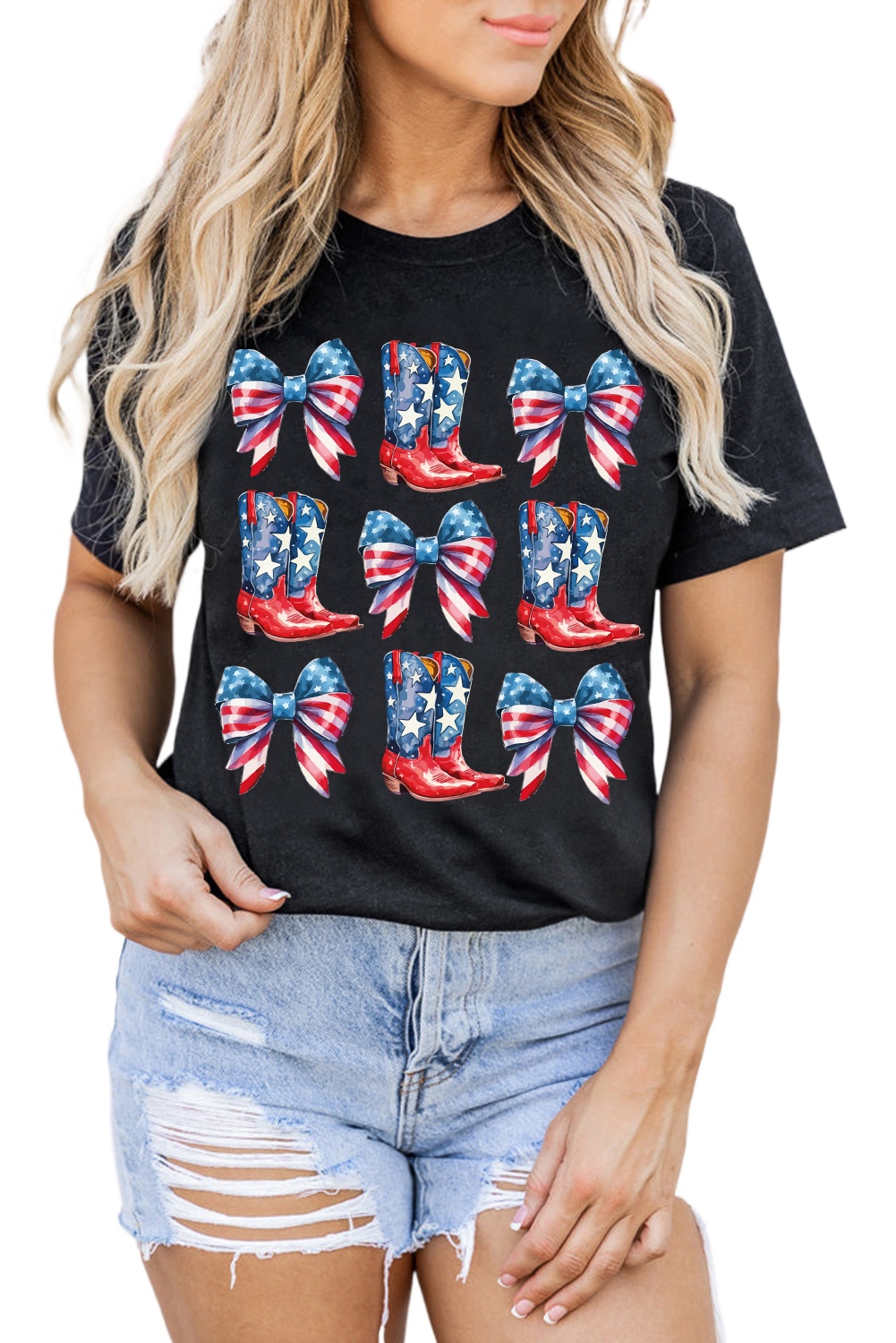 Women's Black Stars and Stripes Cowgirl Boots Graphic Tee - Patriotic Bowknot Design - Main View