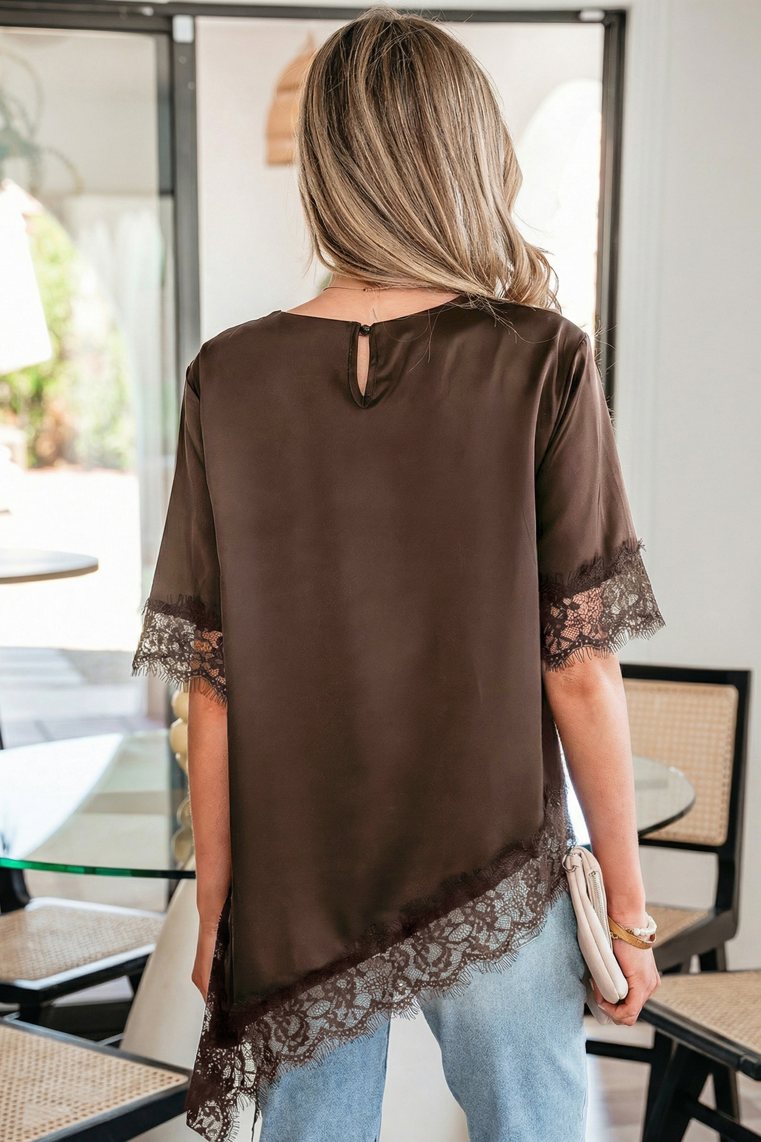Southern Belle Style Satin Top – Short Sleeve Lace Patchwork Shirt for Women - Detail View 3