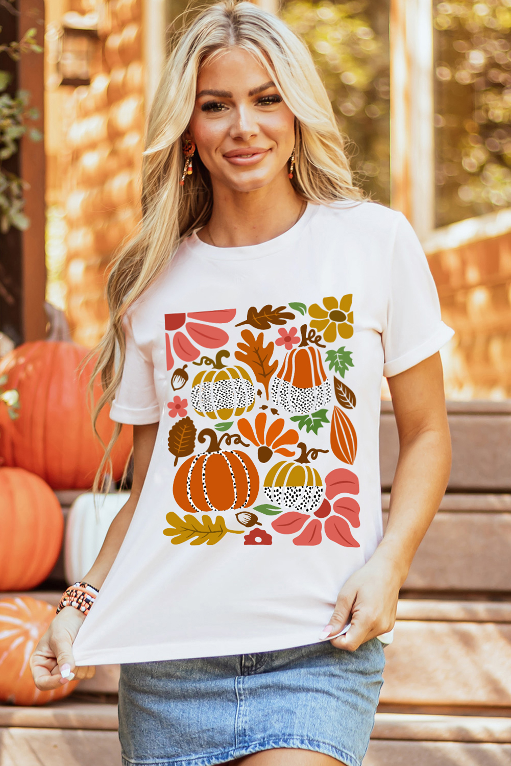 Women's White Pumpkin Flower Print Graphic Tee - Casual Fall Vibe - Detail View 9