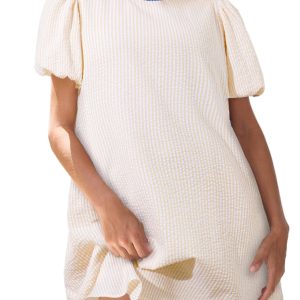 Women's Beige Stripe Seersucker Contrast Round Neck Puff Sleeve T-Shirt Dress - Main View