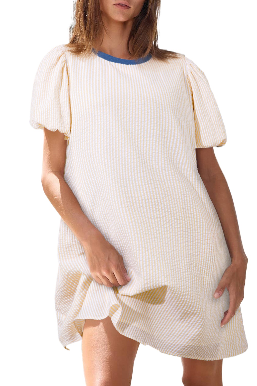 Women's Beige Stripe Seersucker Contrast Round Neck Puff Sleeve T-Shirt Dress - Main View