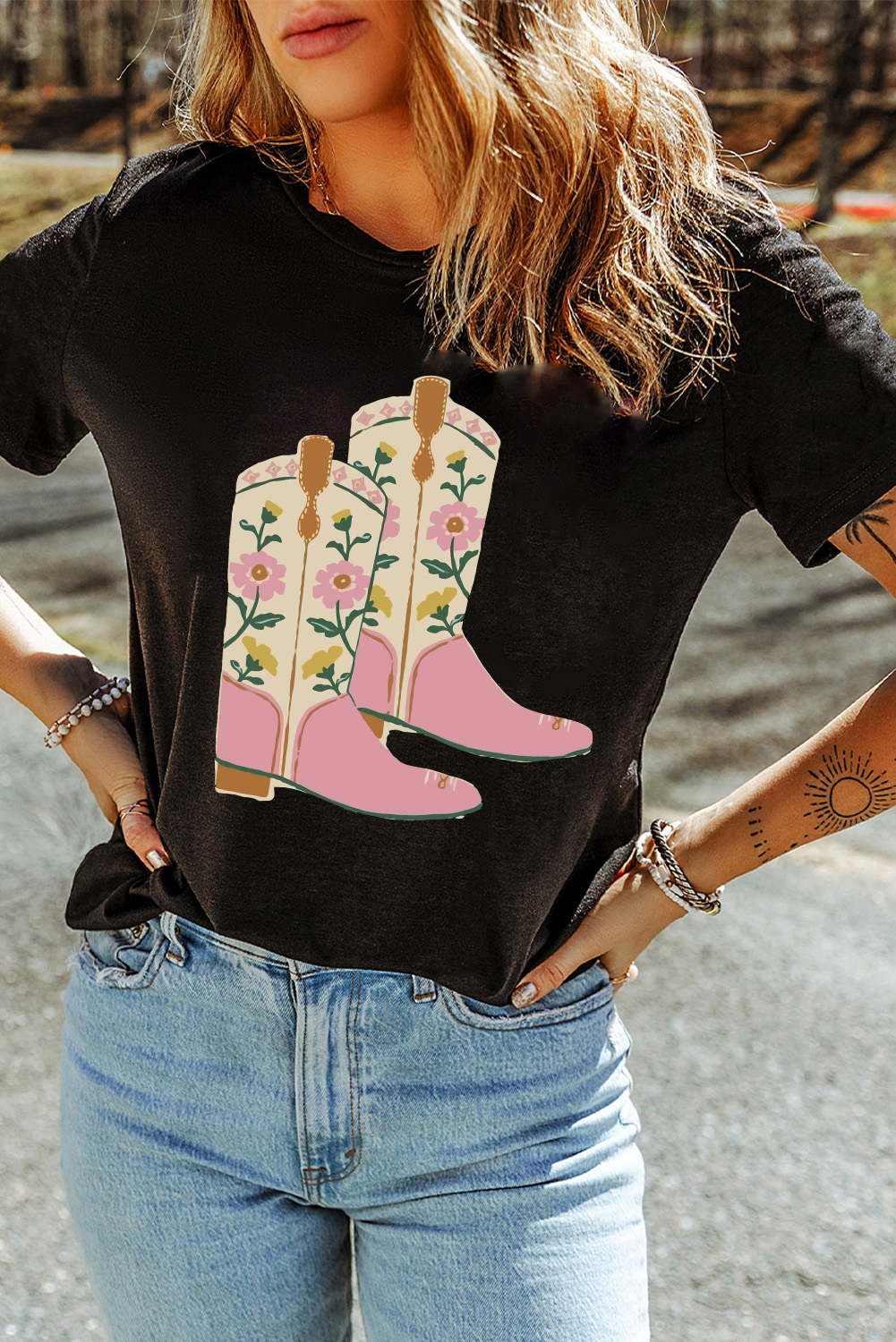 Women's Black Floral Cowgirl Boots Graphic Tee - Western Style Casual T-Shirt - Detail View 9