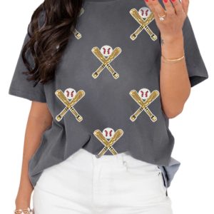 Women's Gray Sequined Game Day Casual Tee - Baseball Graphic T-Shirt - Main View