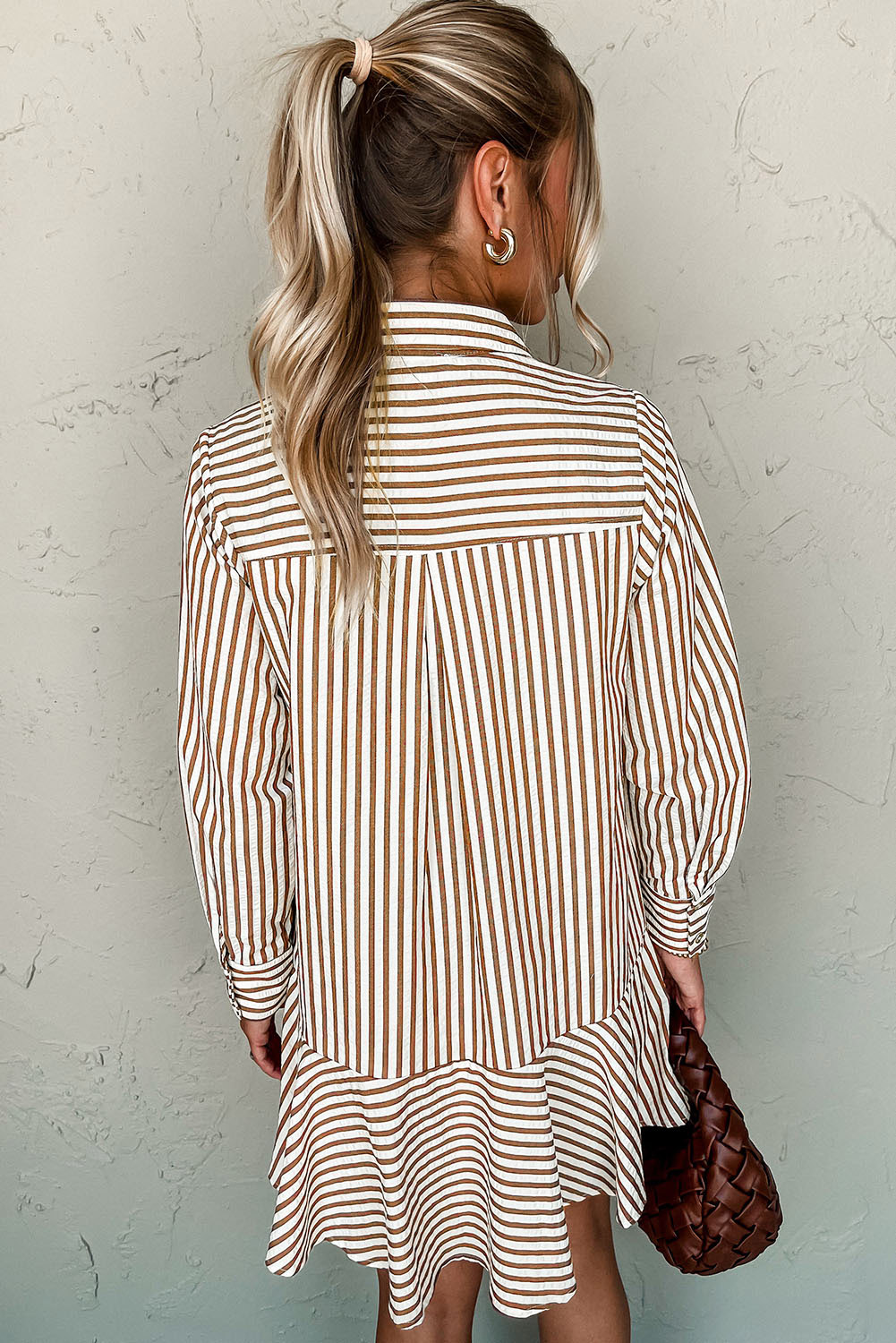 Fashionable Brown Stripe Mini Dress with Ruffled Hem and Long Sleeves for Daily Wear - Detail View 2