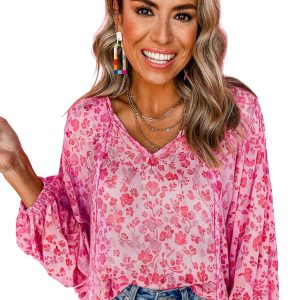 Women's Pink Floral Puff Sleeve Split Neck Lightweight Blouse for Spring - Main View