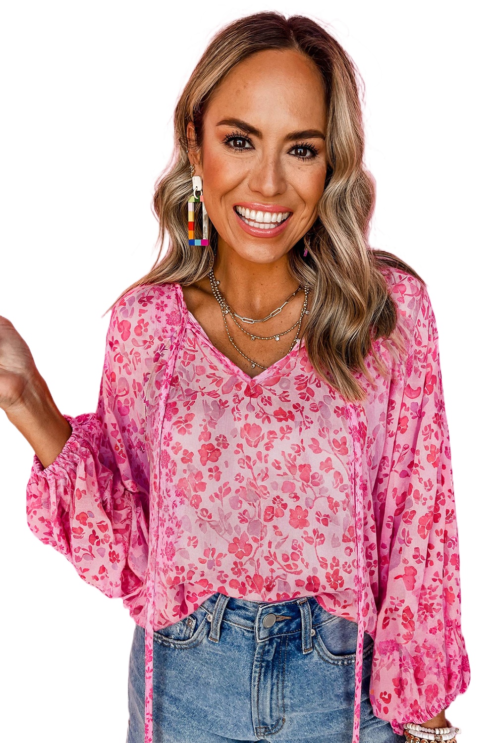 Women's Pink Floral Puff Sleeve Split Neck Lightweight Blouse for Spring - Main View
