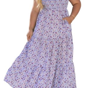 Women's Purple Floral Maxi Dress – Smocked Square Neck Summer Dress, Casual High Waist Long Shift Dress - Main View