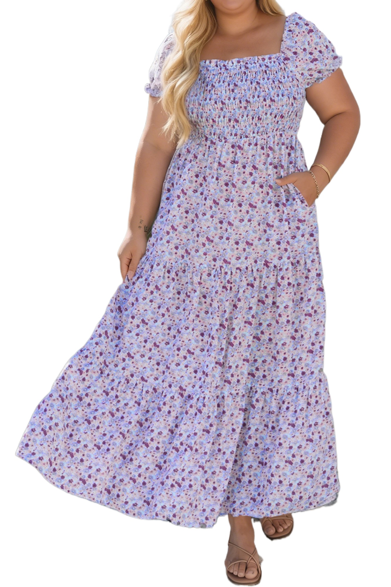 Women's Purple Floral Maxi Dress – Smocked Square Neck Summer Dress, Casual High Waist Long Shift Dress - Main View