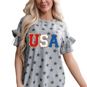 Women's Gray USA Letter Patched Star Printed Ruffle Trim Short Sleeve Tee - Main View