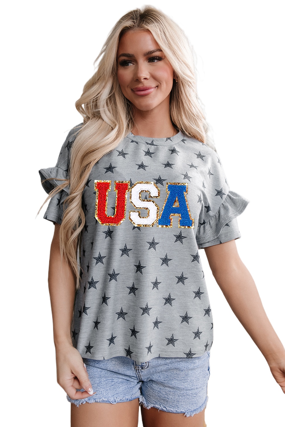Women's Gray USA Letter Patched Star Printed Ruffle Trim Short Sleeve Tee - Main View