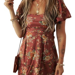 Chic Women's Red Floral Puff Sleeve Square Neck Mini Dress with Open Back - Main View