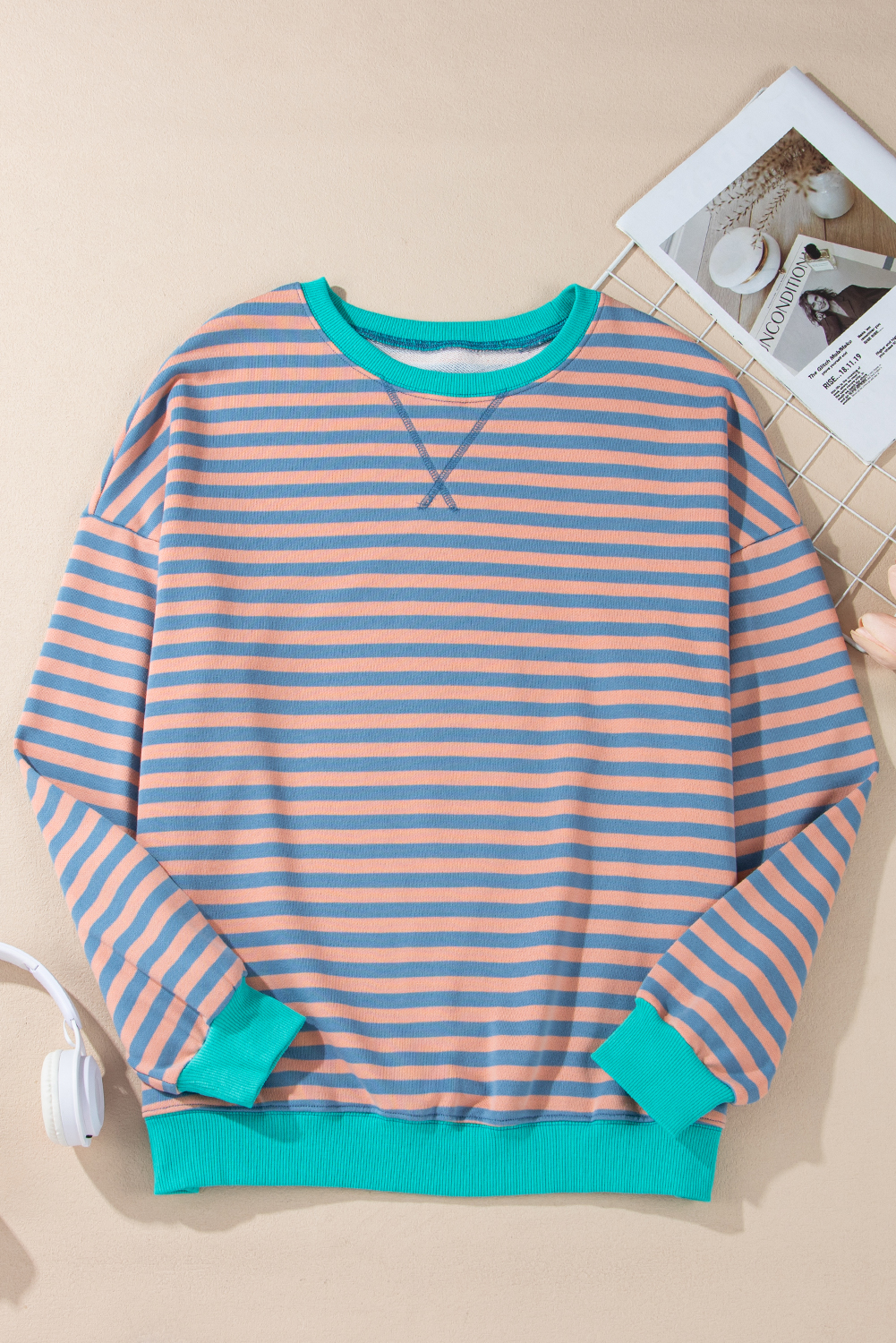 Casual Oversized Sweatshirt in Racing Red with Striped Pattern and Ribbed Trim - Detail View 14