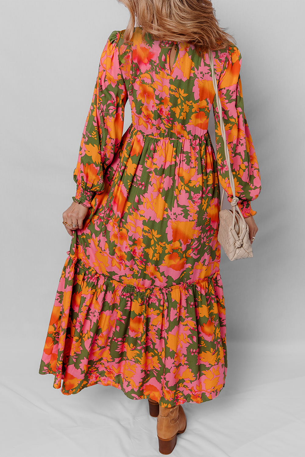 Romantic Floral Print Long Dress - Puff Sleeves and Ruffled Hem for a Feminine Look - Detail View 2