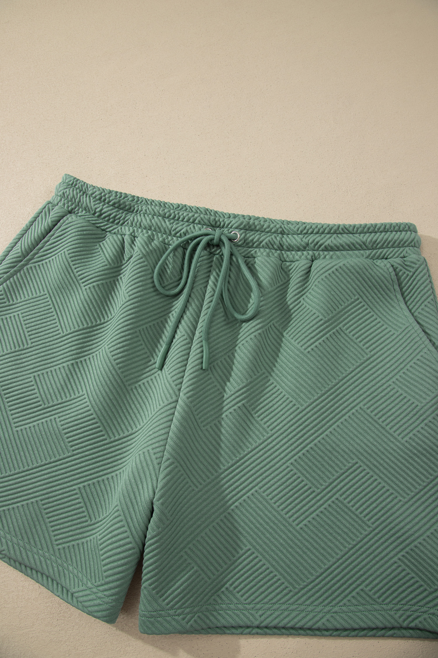 Casual Summer 2-Piece Outfit for Women – Textured Round Neck Tee and High Waist Shorts Set - Detail View 8