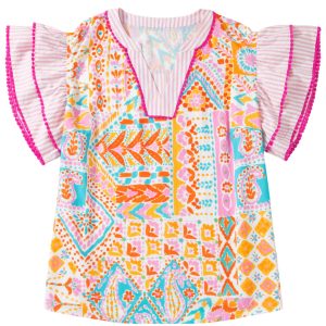 Women's Boho Geometric Print Blouse – V Neck Short Sleeve Top with Ruffle Details - Main View