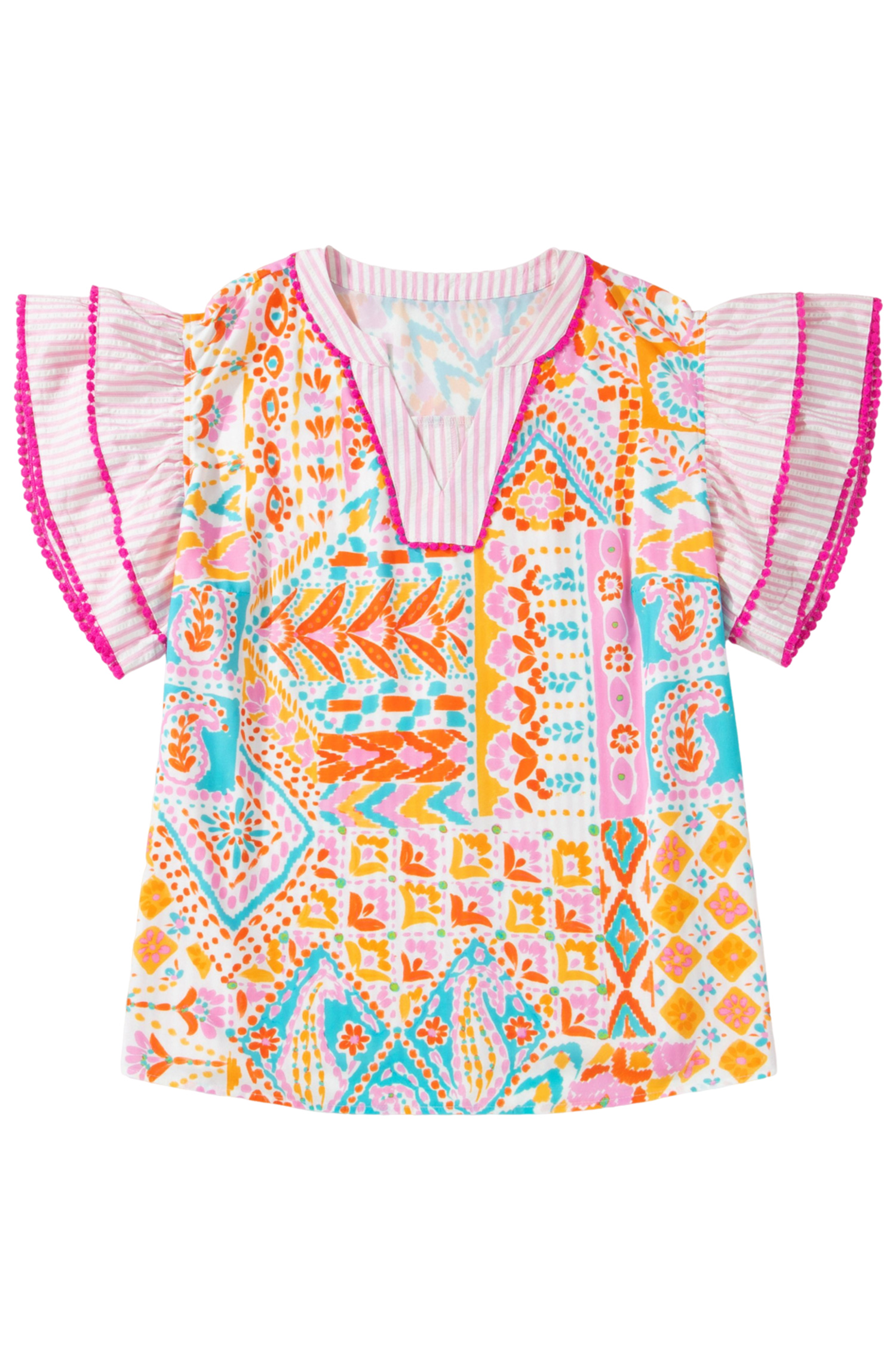 Women's Boho Geometric Print Blouse – V Neck Short Sleeve Top with Ruffle Details - Main View