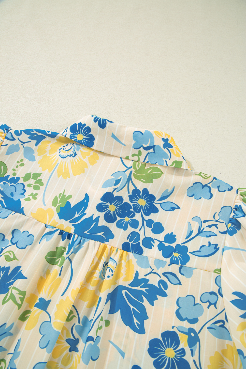 Women's Blue Floral Striped Mixed Print Puff Short Sleeve Blouse - Detail View 13