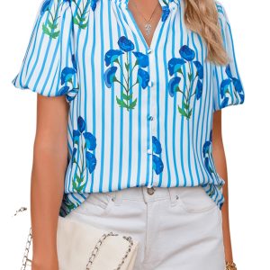 Chic Sky Blue Stripe Floral Buttoned Frilly Notched Neck Puff Sleeve Blouse - Main View