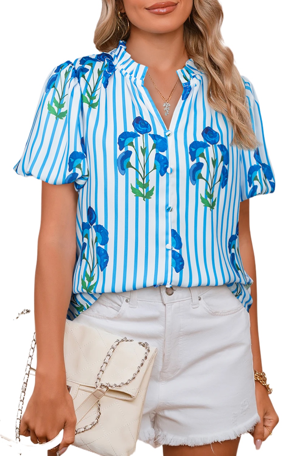 Chic Sky Blue Stripe Floral Buttoned Frilly Notched Neck Puff Sleeve Blouse - Main View