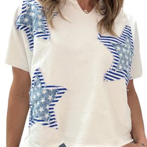 Women's Star Patch Mineral Washed Tee – V-Neck Casual Short Sleeve Top for Summer - Main View