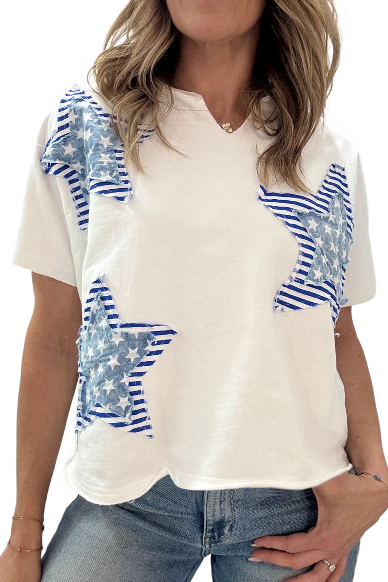 Women's Star Patch Mineral Washed Tee – V-Neck Casual Short Sleeve Top for Summer - Main View