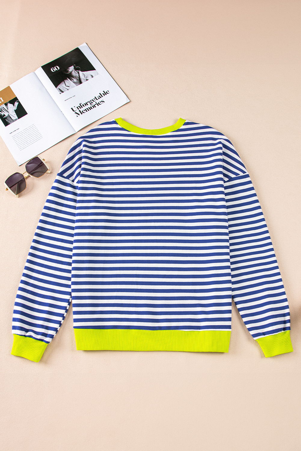 Women's Sweatshirt, Sky Blue Stripe, Baggy Style, Drop Shoulder, Long Sleeve, Casual Wear, Comfortable, Oversized Fit, Contrast Ribbed Trim, Daily Wear, Fall & Autumn, Cotton Blend, Trendy Design, Round Neck - Detail View 12