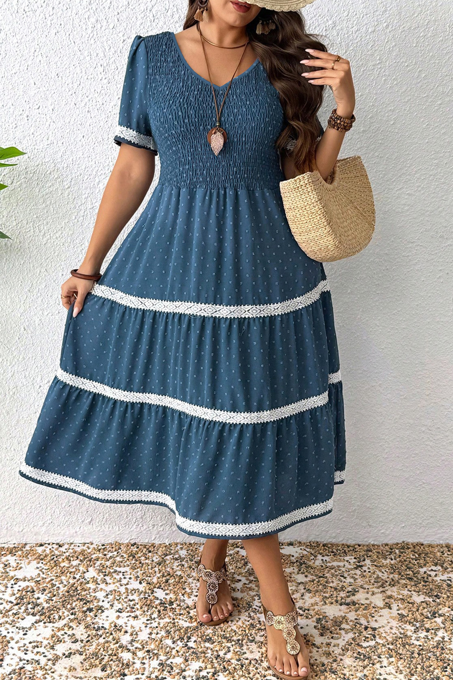 Dusk Blue Casual Midi Dress for Women – Smocked Swiss Dot Lace Patchwork Dress for Summer Vacation - Detail View 6