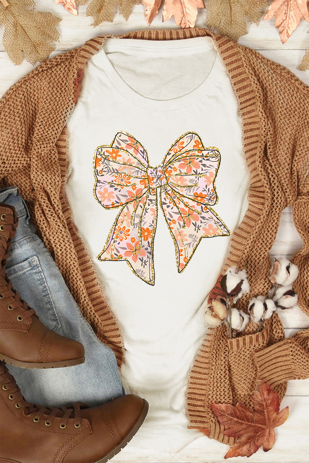 Women's White Glitter Trim Floral Bow Print Cotton Blend T-Shirt for Casual Summer Style - Detail View 5