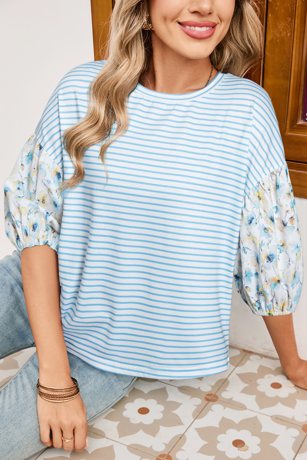 Chic 3/4 Puff Sleeve Patchwork Top with Floral and Stripe Design - Detail View 2