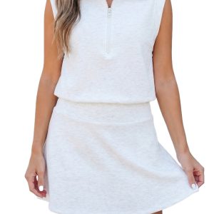 Women's Sleeveless Zipper Tank and Skort Set – Light Grey Casual Two-Piece Summer Outfit for Daily Wear - Main View