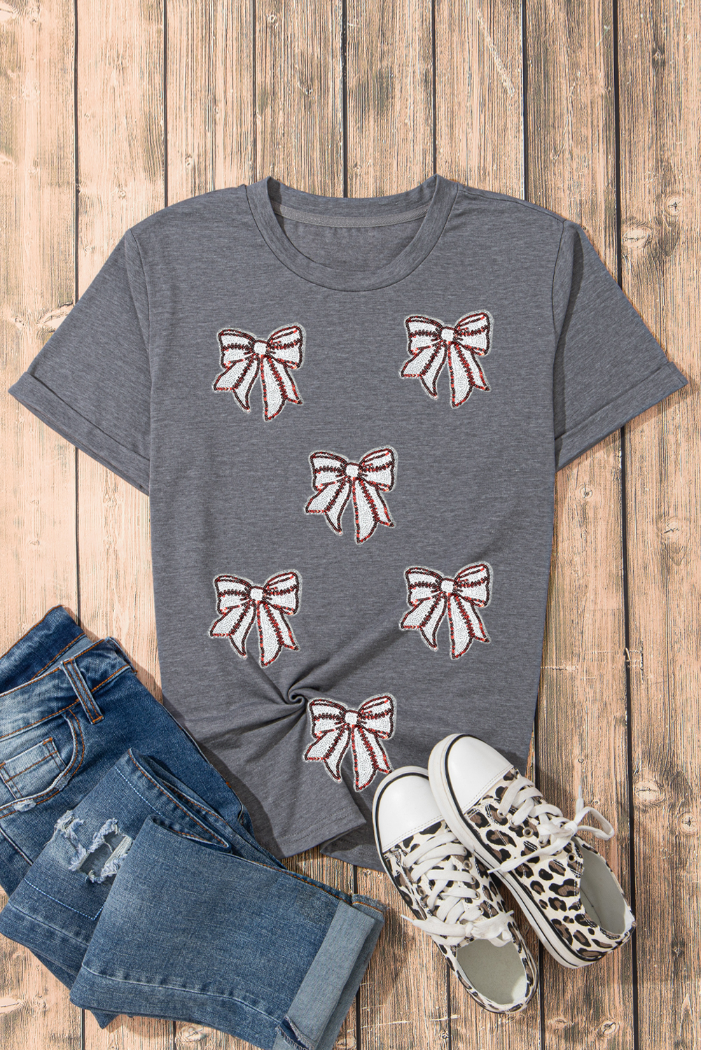 Stylish Gray Baseball Graphic Tee with Sequin Bow Detail - Perfect for Game Day - Detail View 10