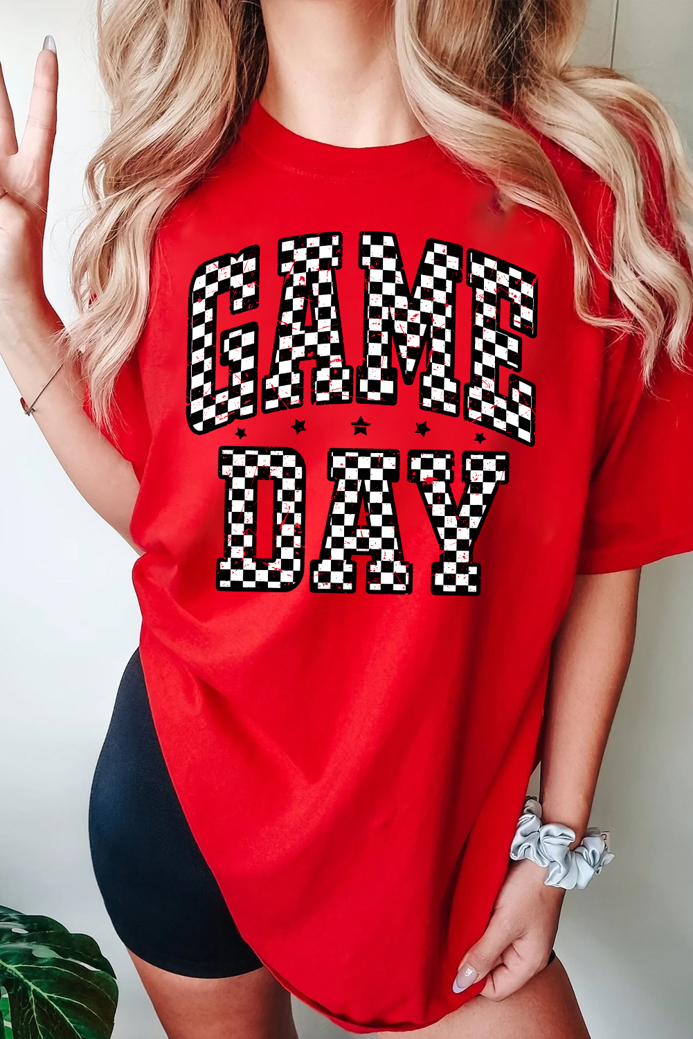 Casual Summer Round Neck Tee with Checkered Print for Game Day - Detail View 2