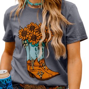 Women's Gray Sunflower Cowgirl Boots Graphic Tee - Western Fashion Casual T-Shirt - Main View